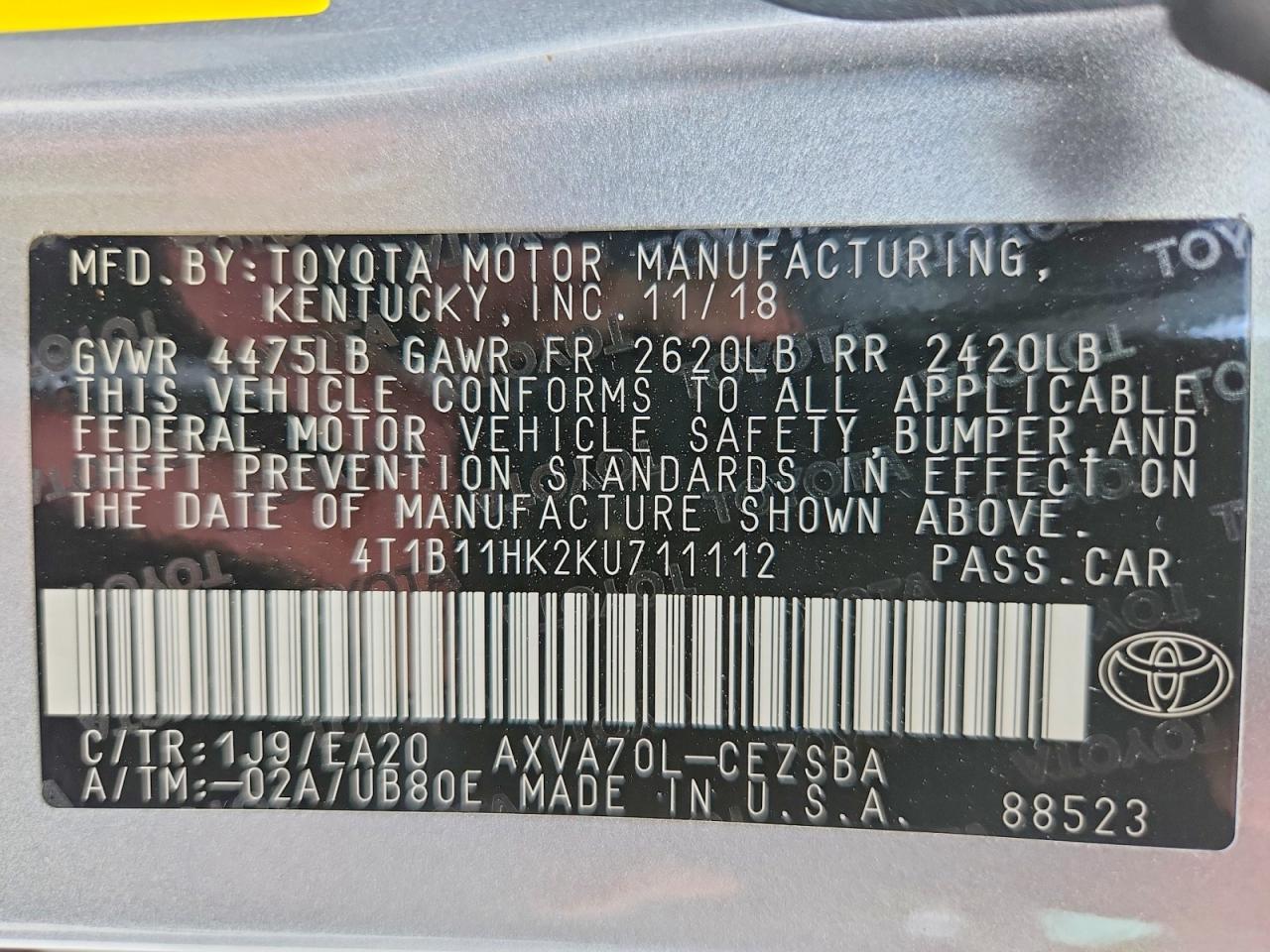 2019 Toyota Camry VIN 4T1B11HK2KU711112 photo 12