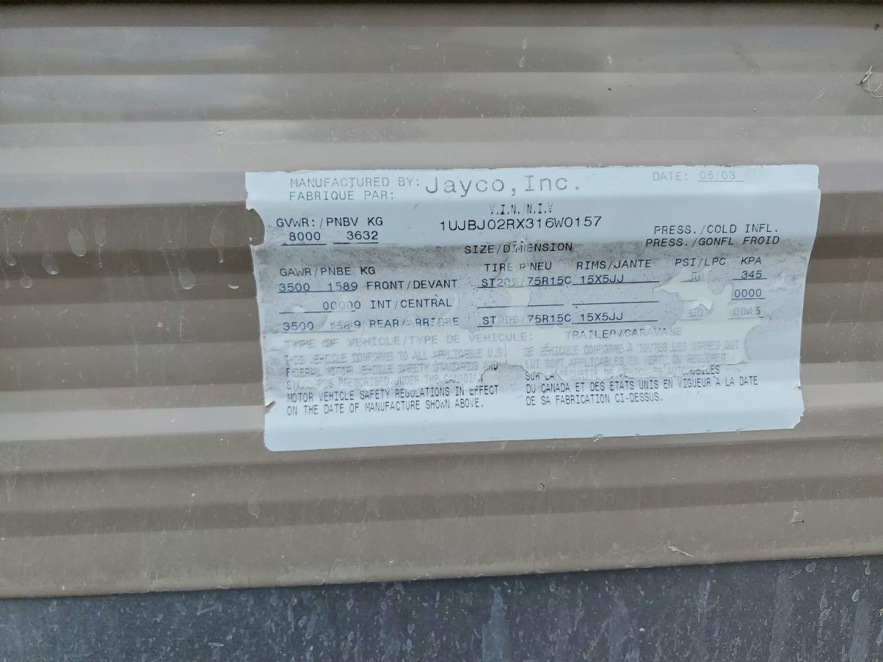 2003 JAYCO Trailer VIN 1UJBJ02RX316W0157 photo 10