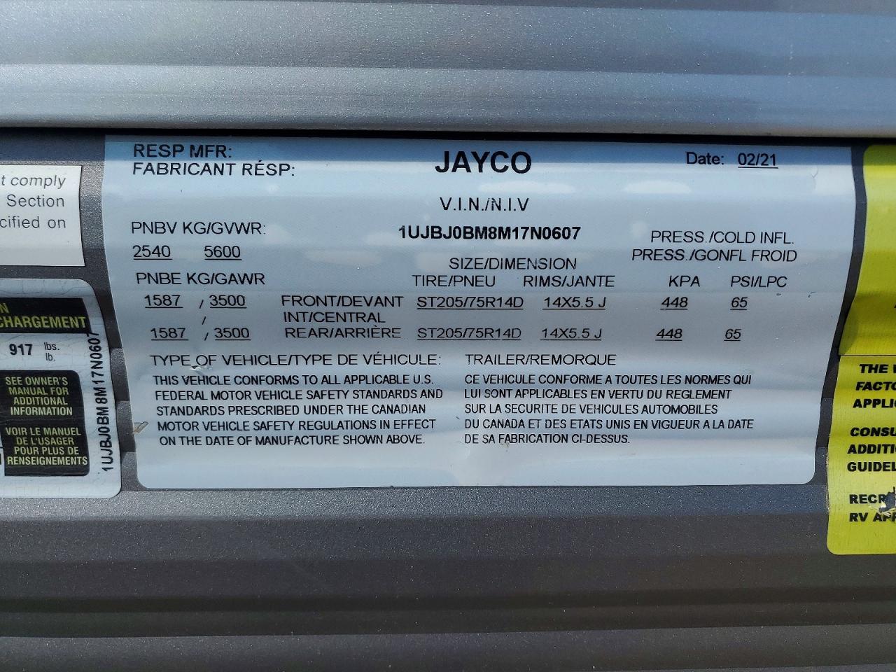 2021 JAYCO All models VIN 1UJBJ0BM8M17N0607 photo 8