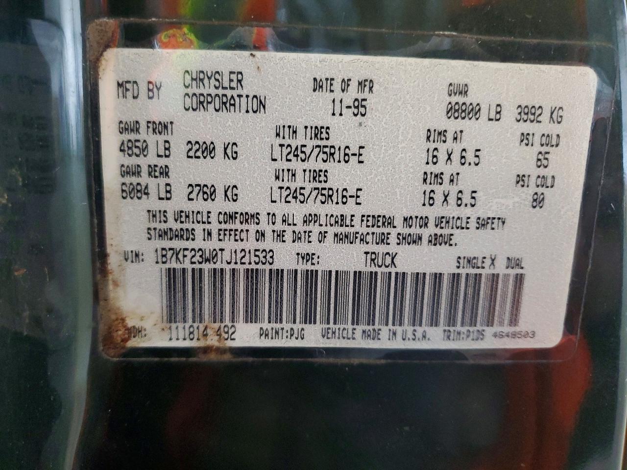 1996 Dodge Ram 2500 VIN 1B7KF23W0TJ121533 photo 12