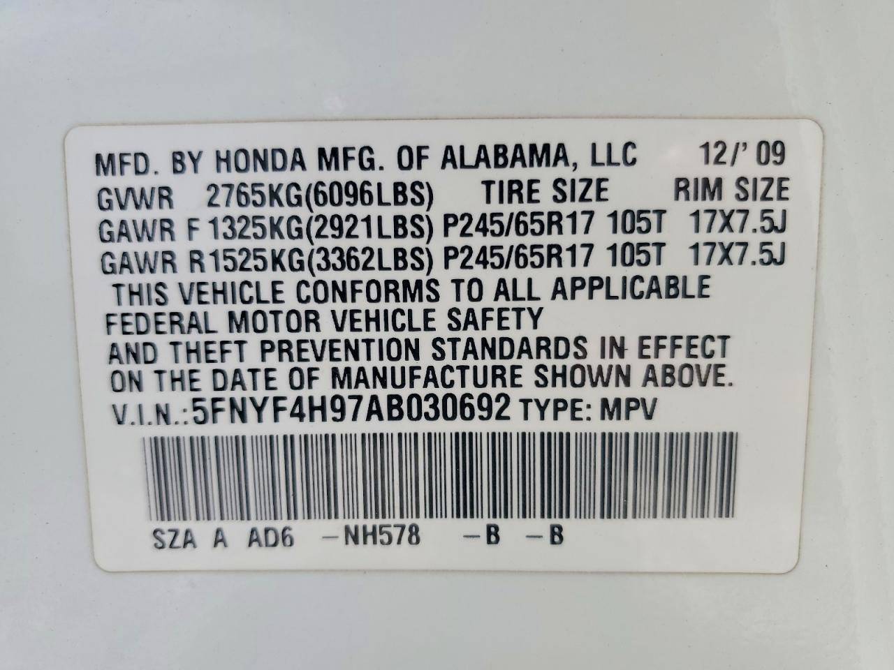 2010 Honda Pilot VIN 5FNYF4H97AB030692 photo 12