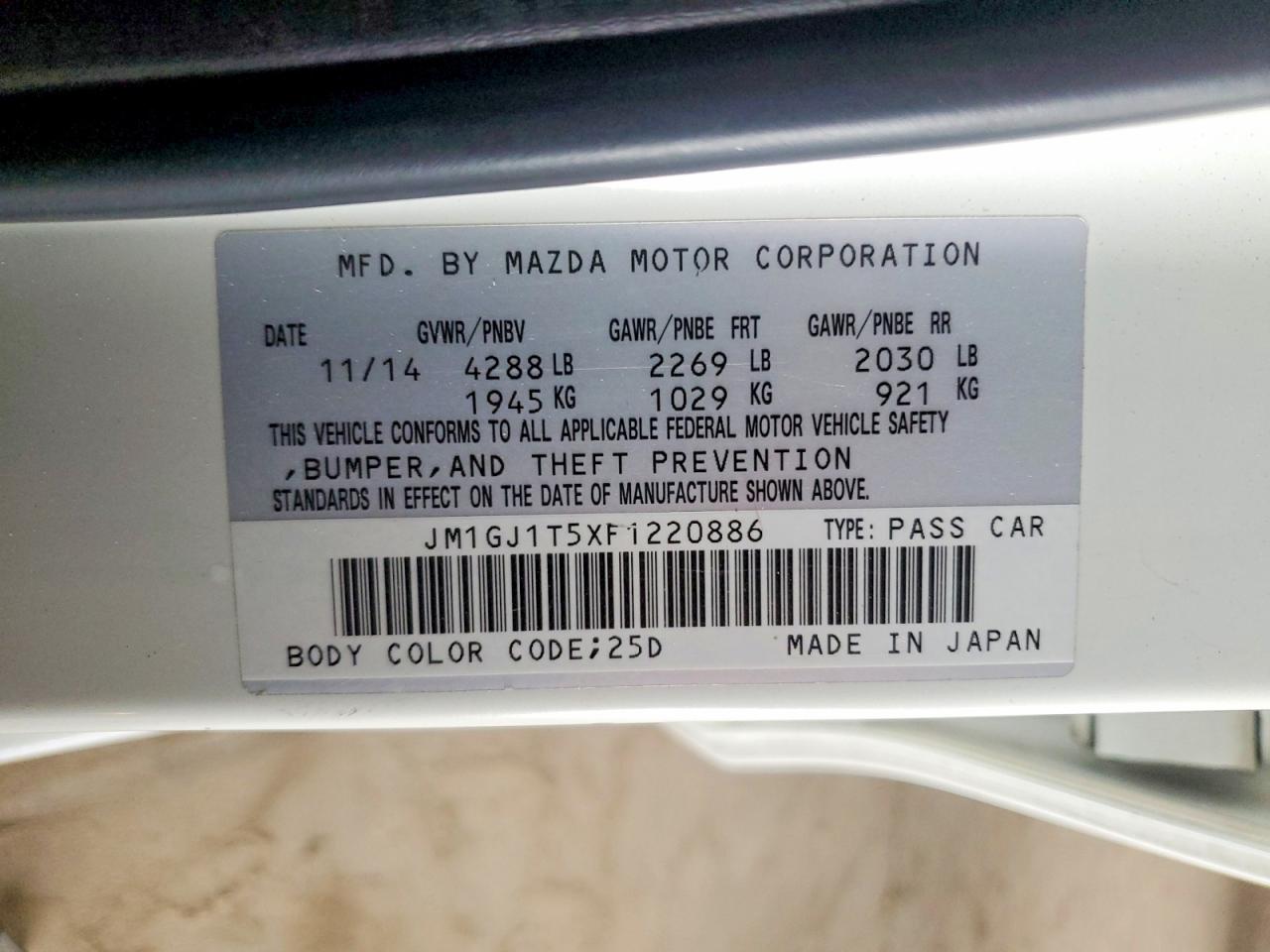 2015 MAZDA 6 VIN JM1GJ1T5XF1220886 photo 12