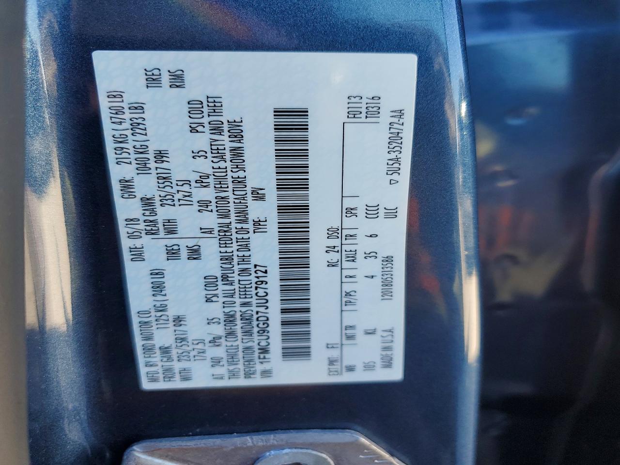 2018 Ford Escape VIN 1FMCU9GD7JUC79127 photo 12