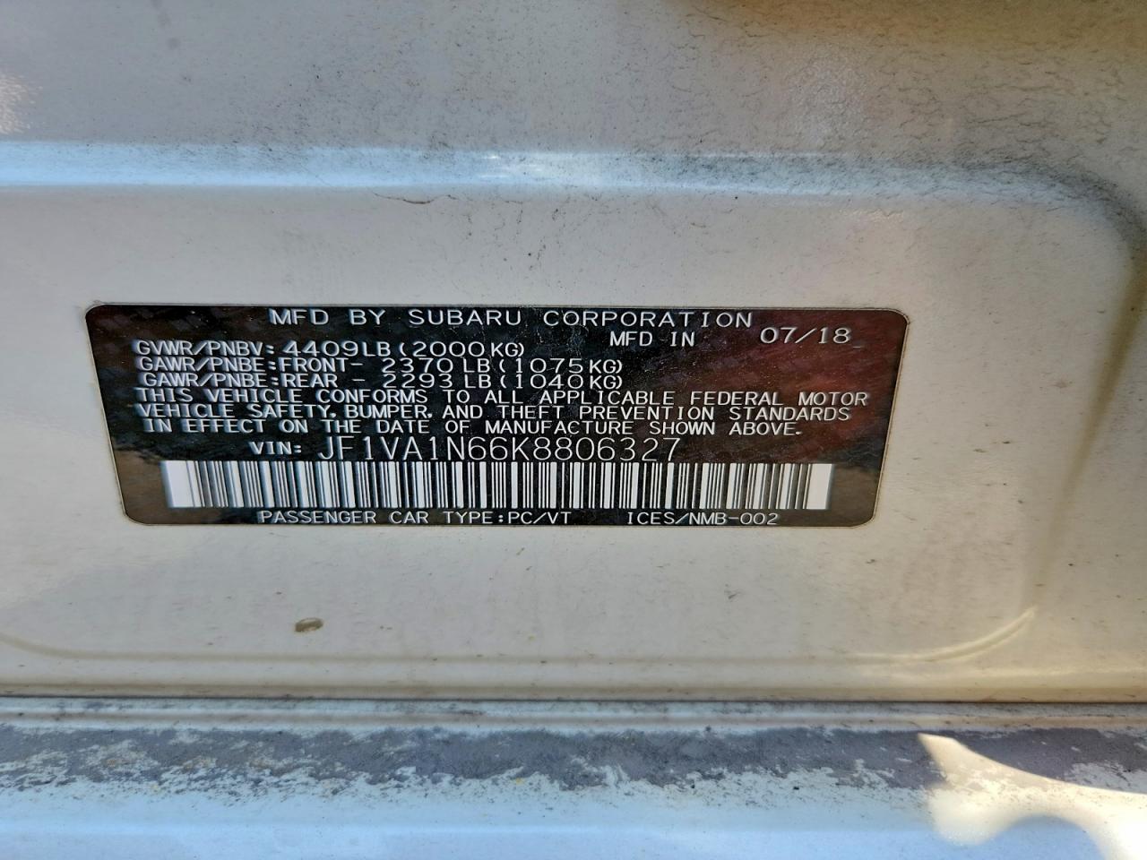 2019 SUBARU Wrx VIN JF1VA1N66K8806327 photo 12