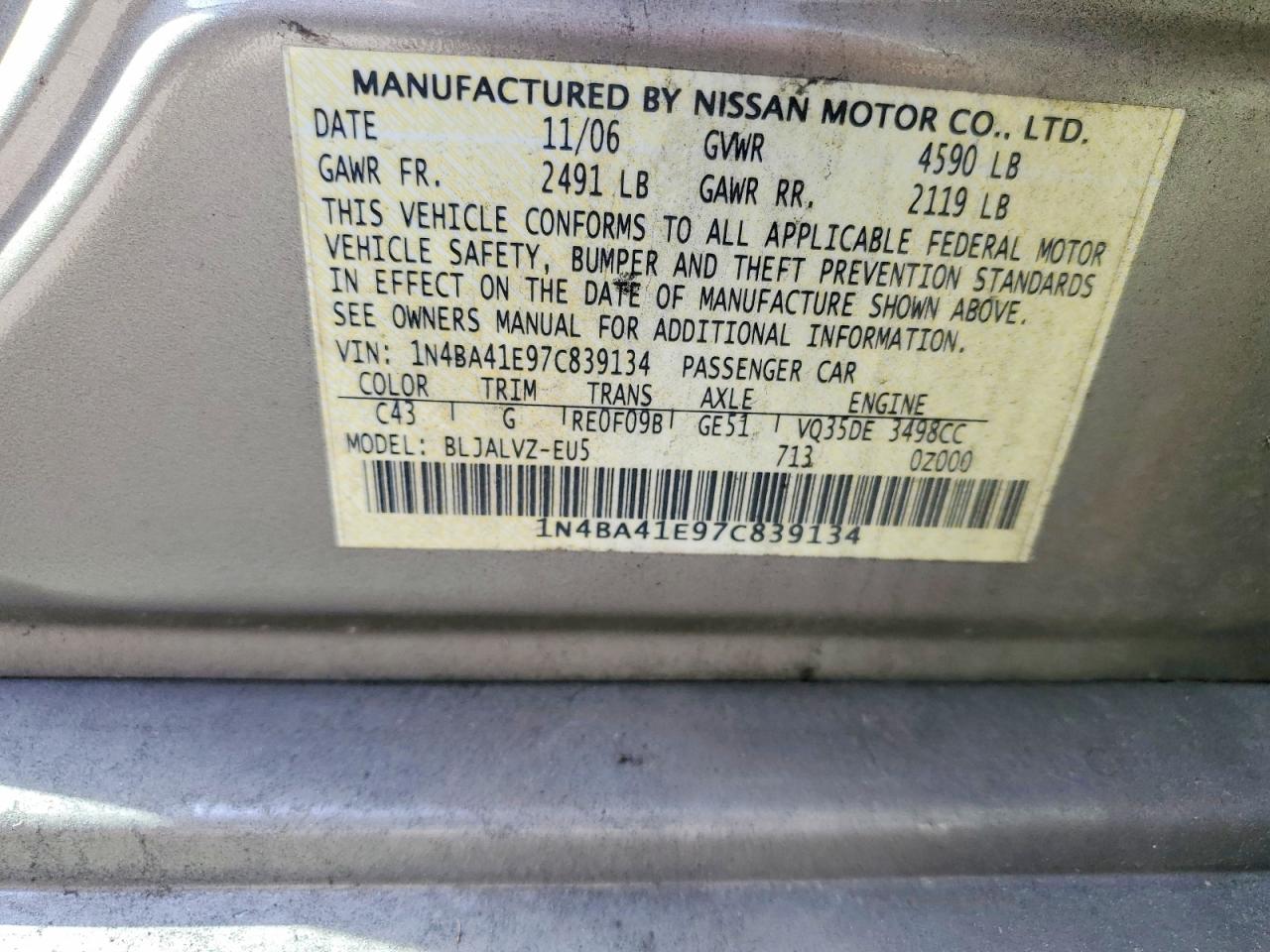 2007 Nissan Maxima VIN 1N4BA41E97C839134 photo 12