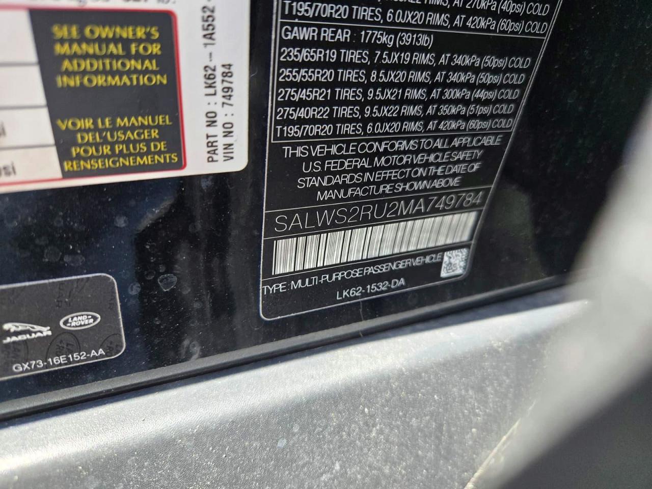 2021 LAND Rangerover VIN SALWS2RU2MA749784 photo 10