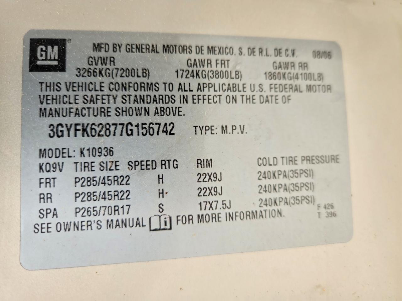 2007 Cadillac Escalade VIN 3GYFK62877G156742 photo 12