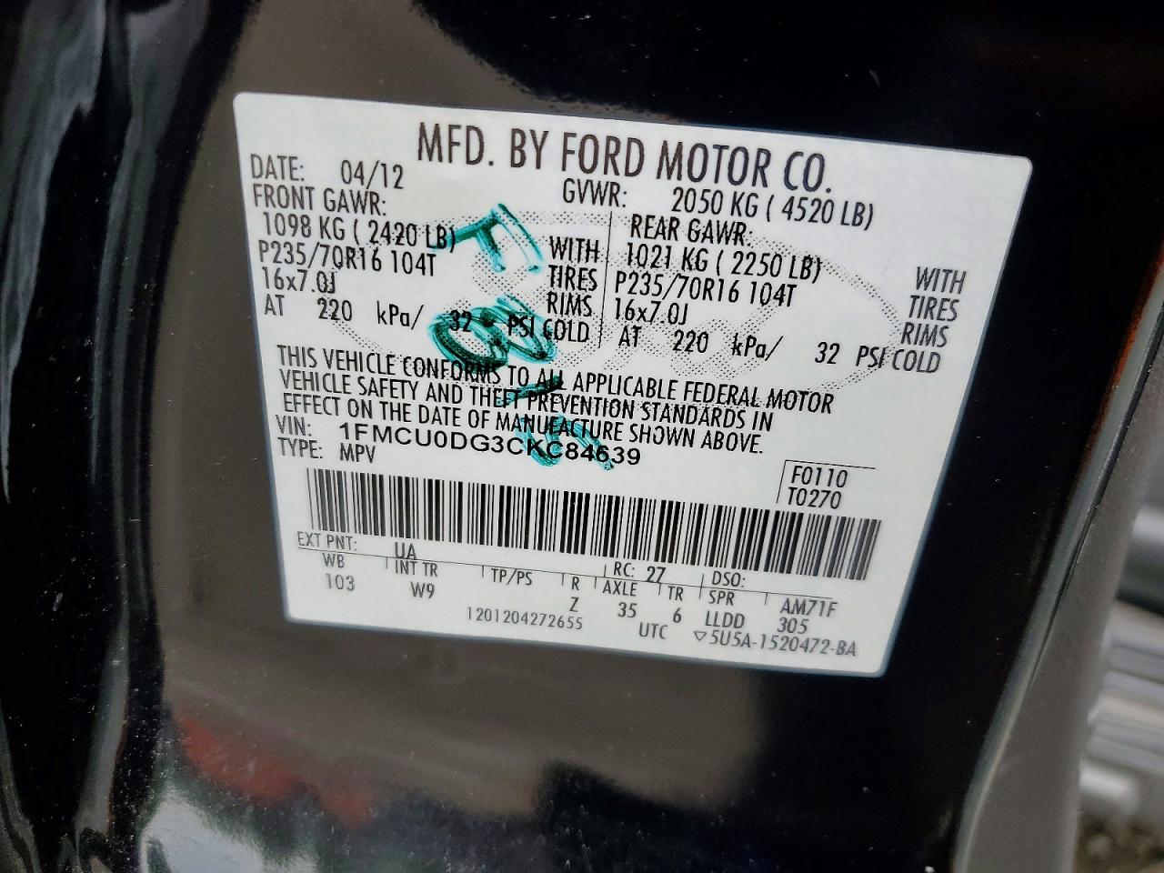 2012 Ford Escape xlt VIN 1FMCU0DG3CKC84639 photo 12