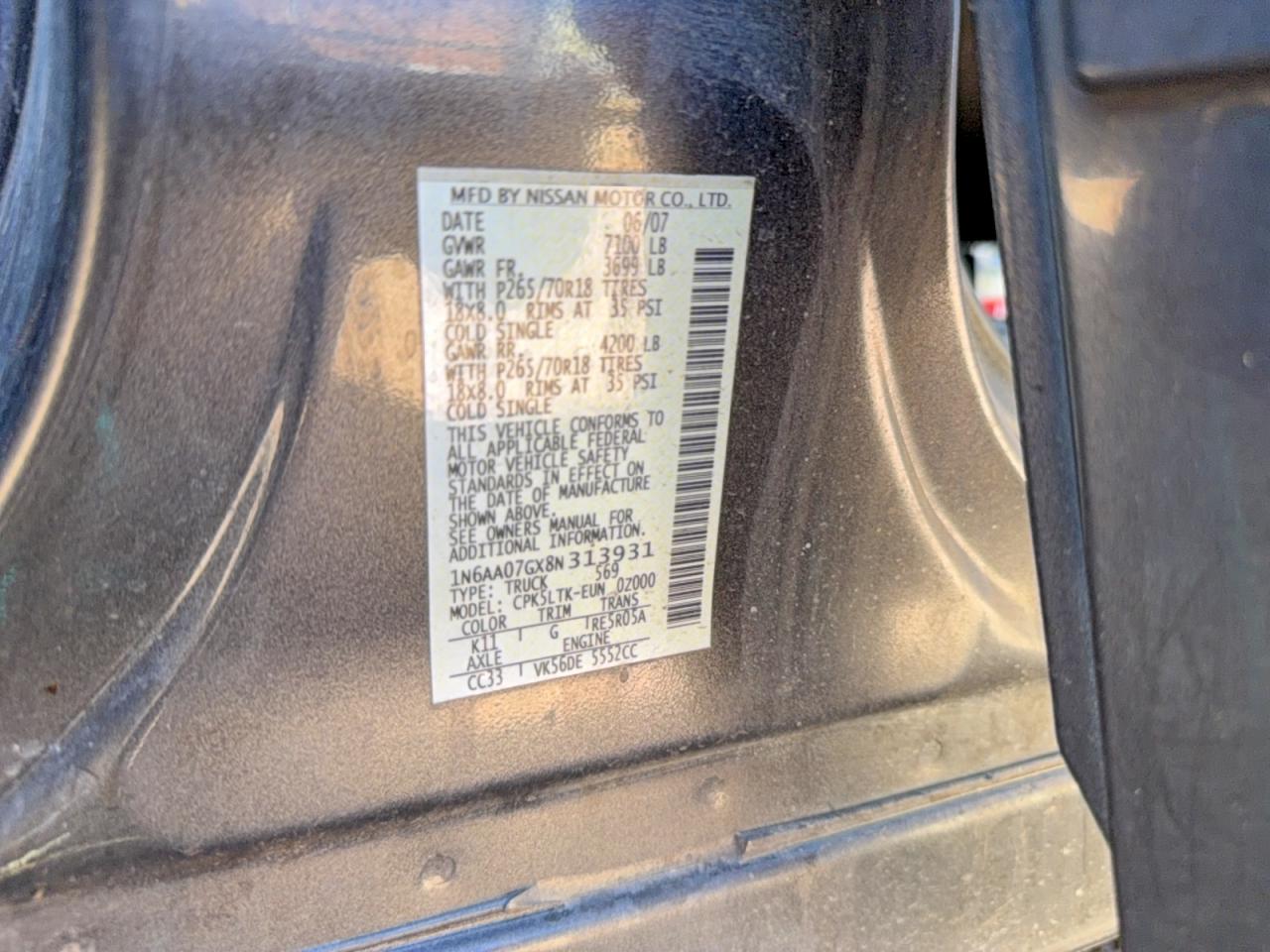 2008 Nissan TITAN VIN 1N6AA07GX8N313931 photo 10