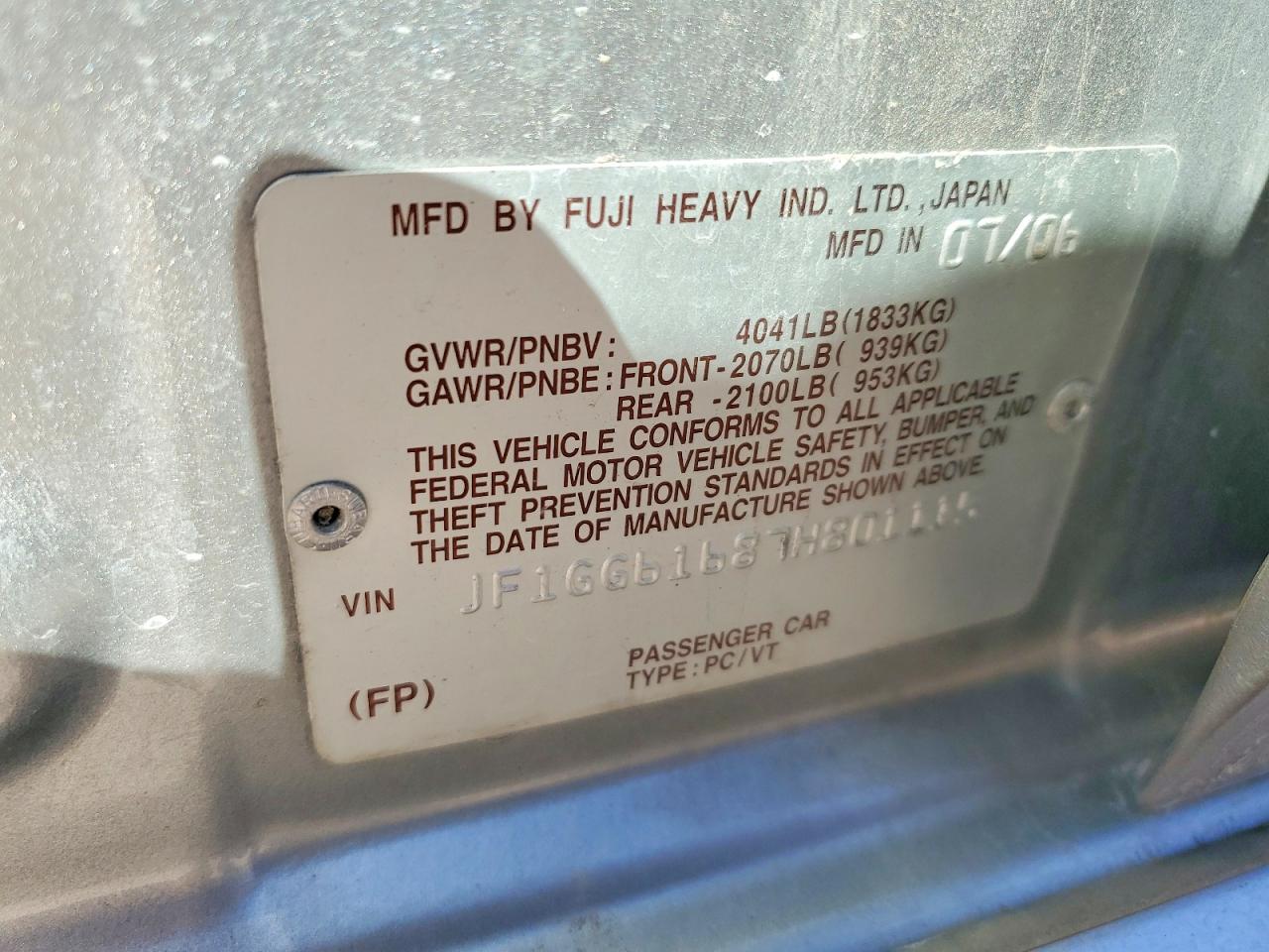 2007 Subaru Impreza VIN JF1GG61687H801115 photo 12