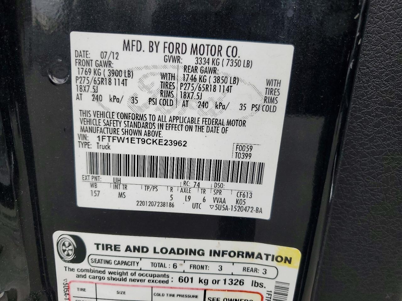 2012 FORD F150 VIN 1FTFW1ET9CKE23962 photo 12