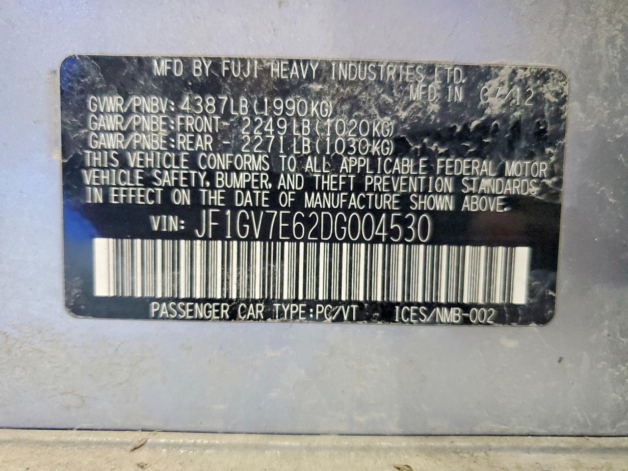 2013 Subaru Wrx VIN JF1GV7E62DG004530 photo 12
