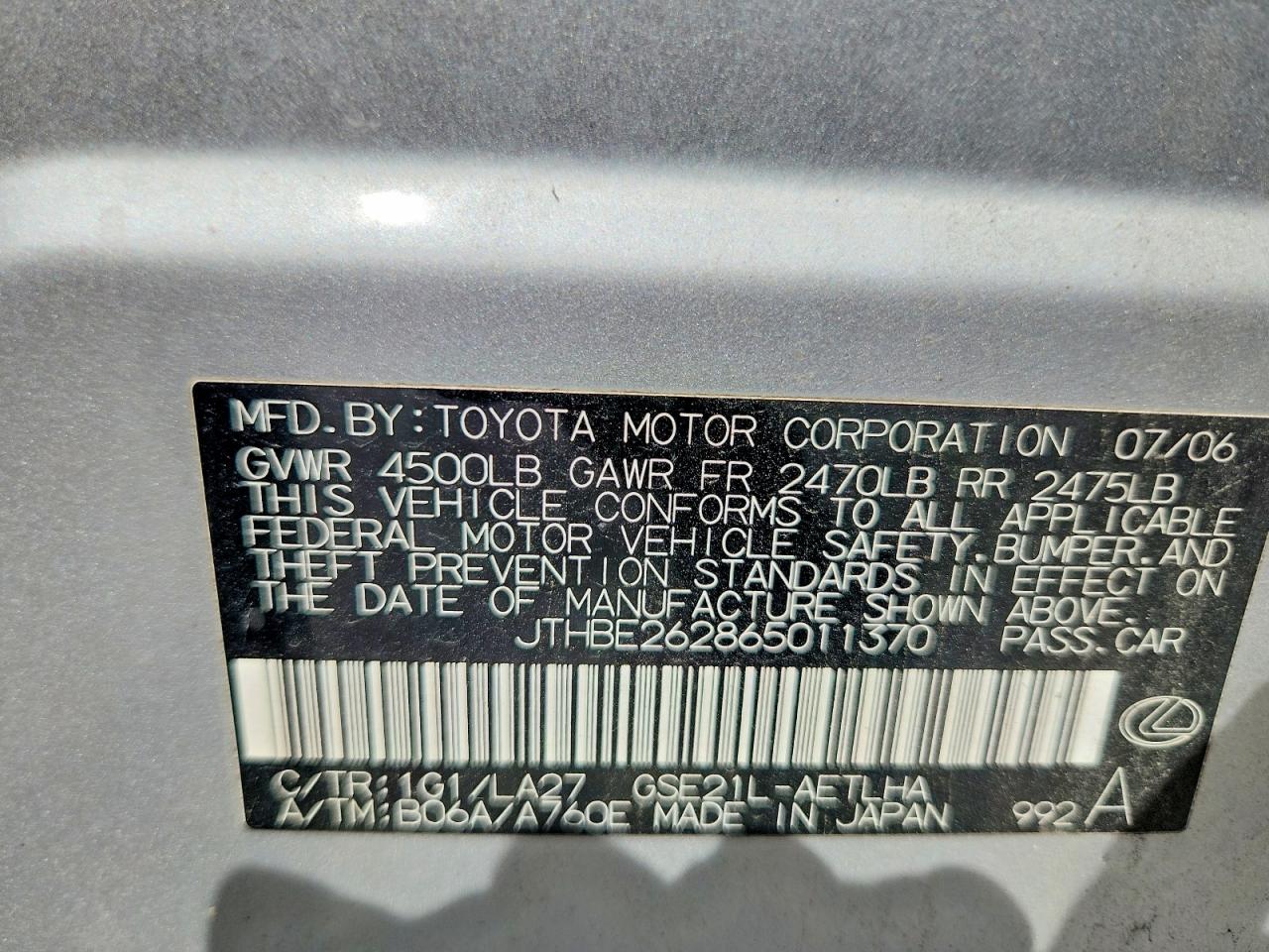 2006 Lexus Is VIN JTHBE262865011370 photo 12