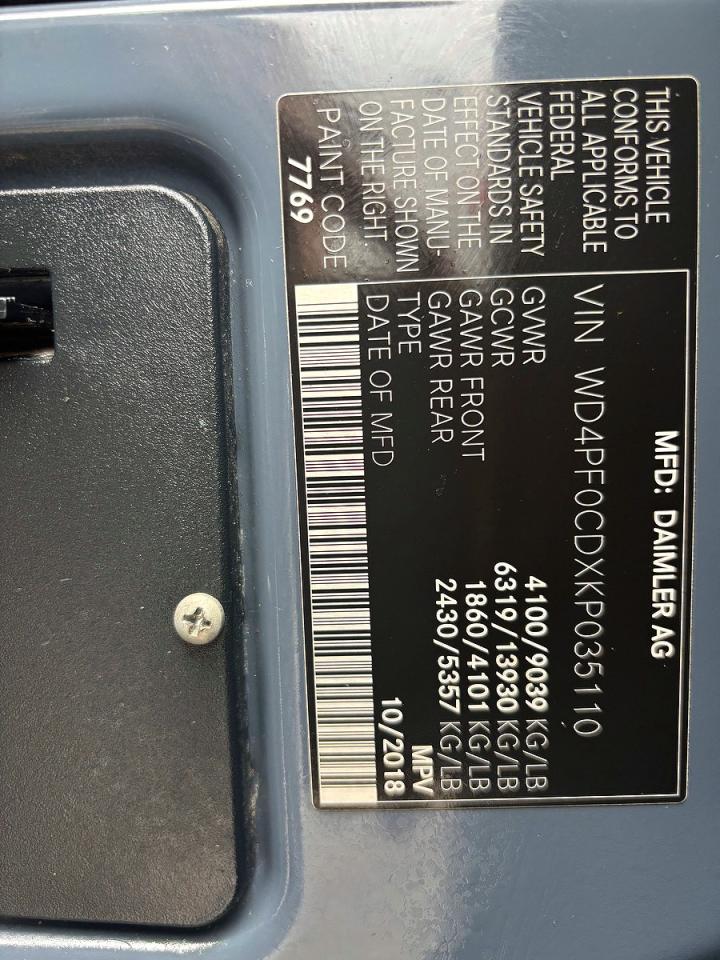 2019 Mercedes-Benz Sprinter VIN WD4PF0CDXKP035110 photo 10
