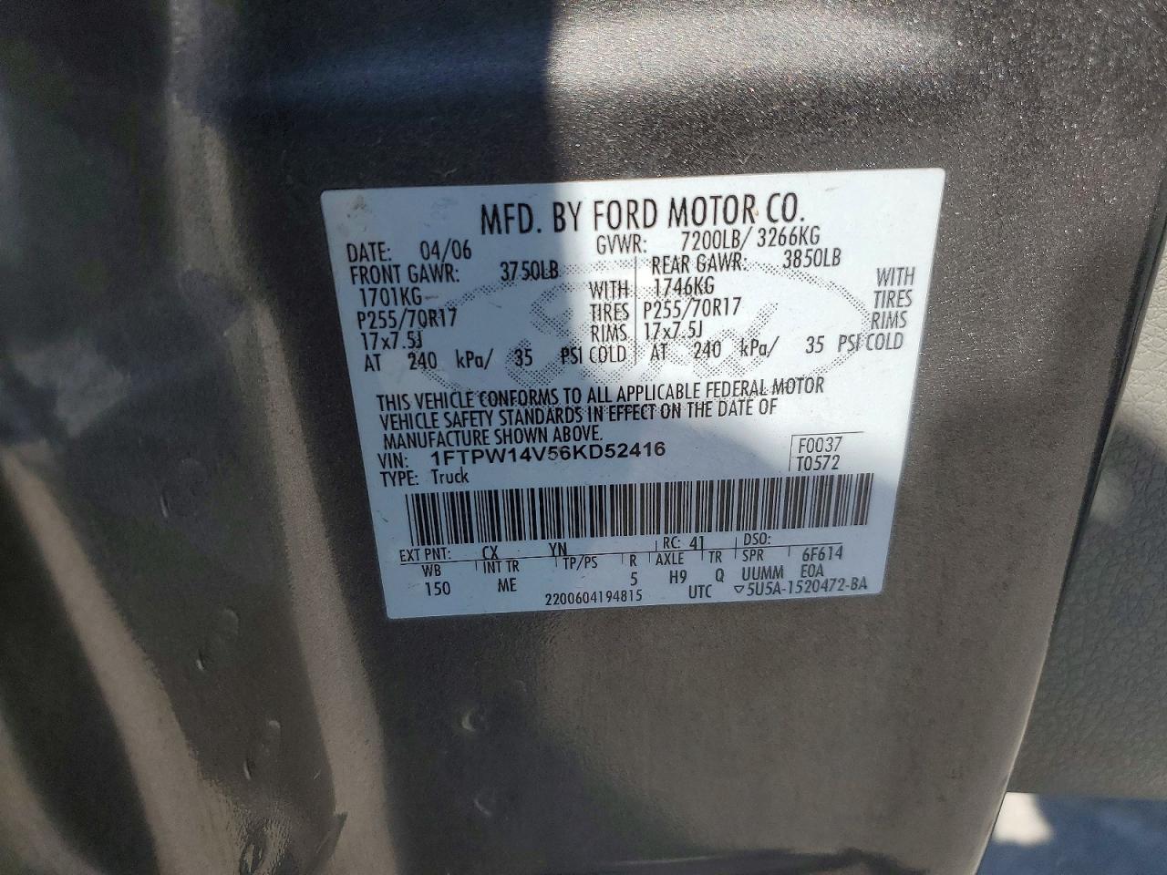 2006 F-150 VIN 1FTPW14V56KD52416 photo 12