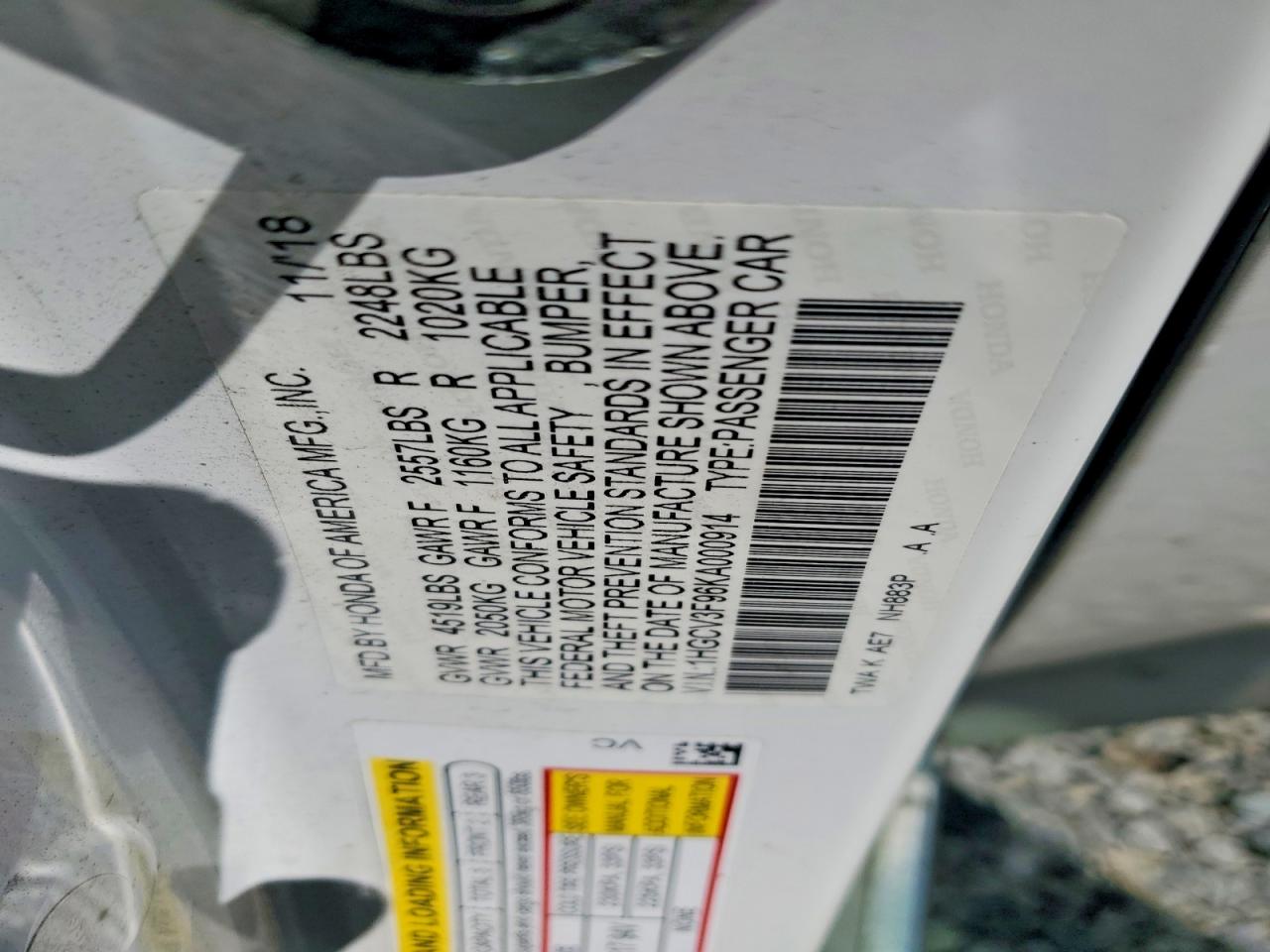 2019 Accord VIN 1HGCV3F96KA000914 photo 12