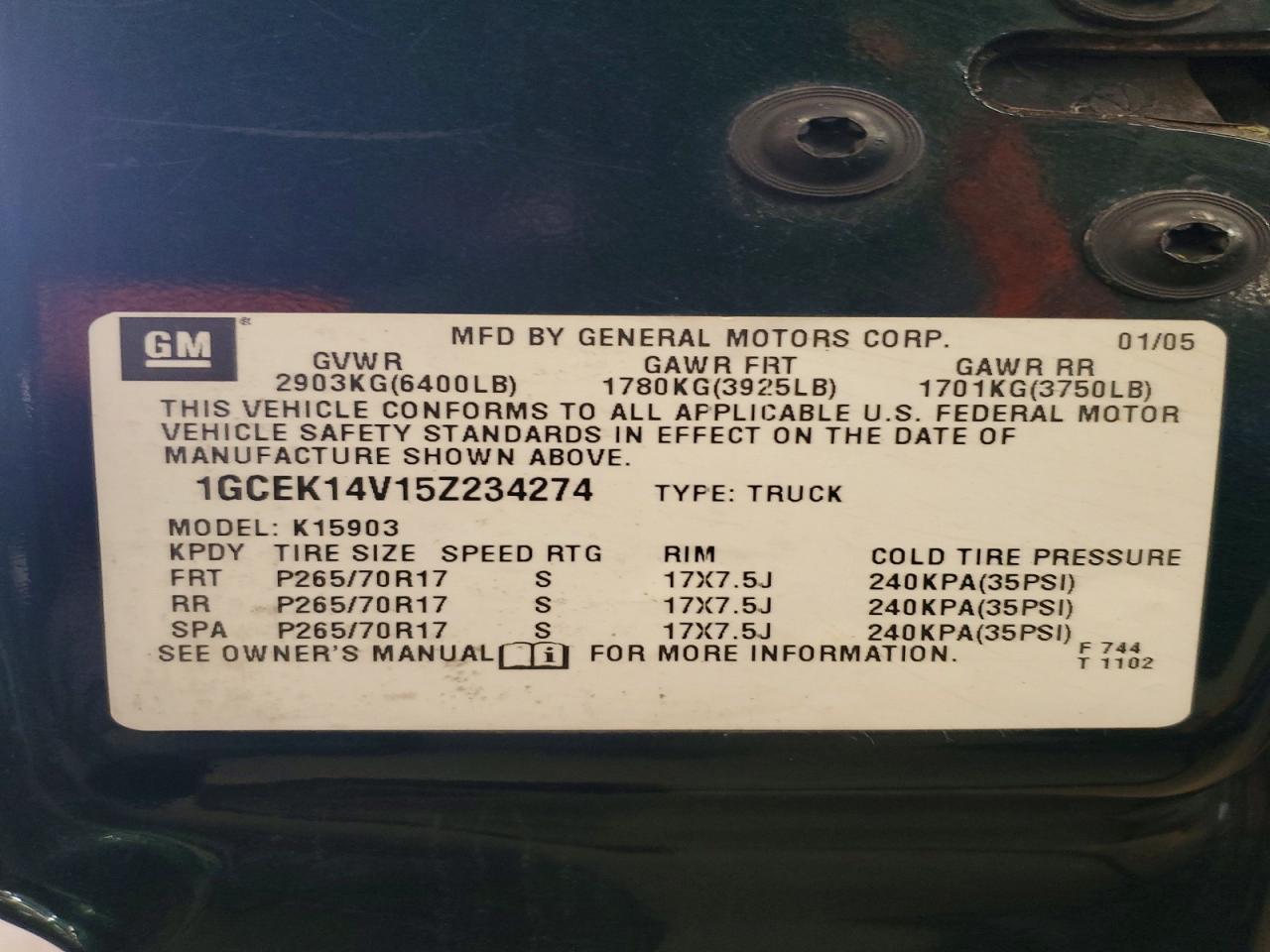 2005 Chevrolet Silverado VIN 1GCEK14V15Z234274 photo 12