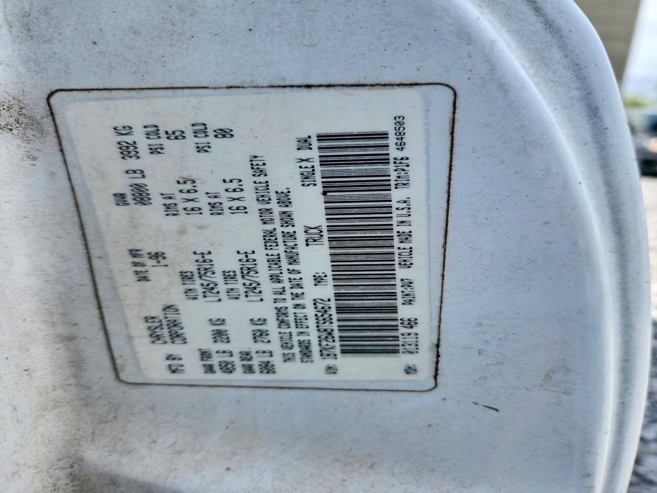 1996 Dodge Ram 2500 VIN 1B7KF26W8TS654672 photo 12