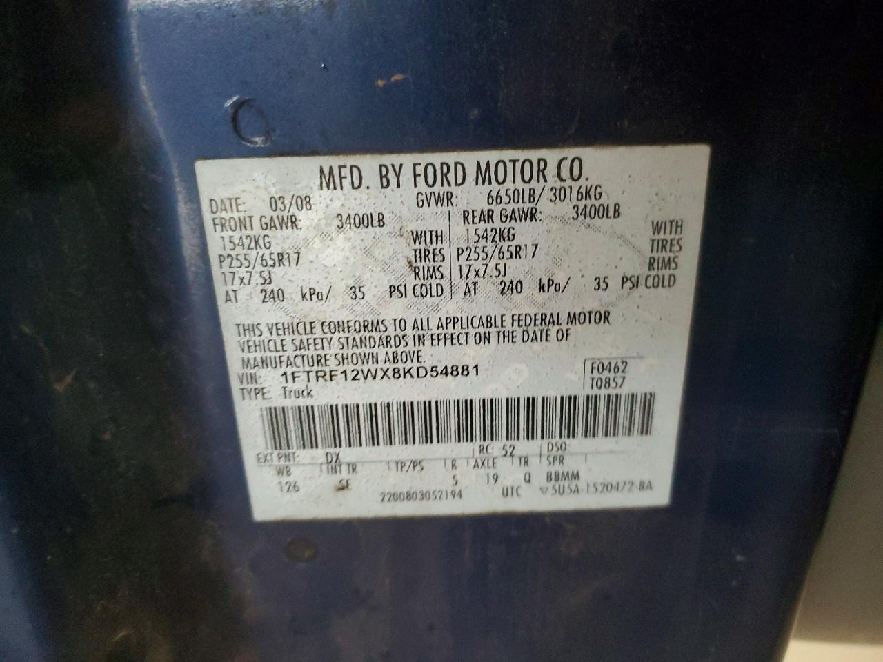2008 Ford F150 VIN 1FTRF12WX8KD54881 photo 12