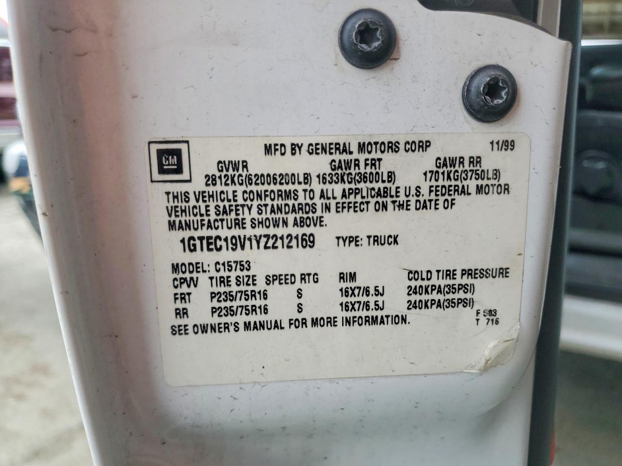 2000 GMC SIERRA VIN 1GTEC19V1YZ212169 photo 12