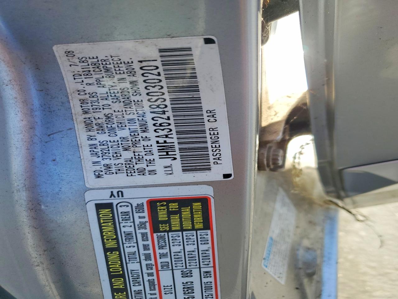 2008 Hond Civic VIN JHMFA36248S030201 photo 12
