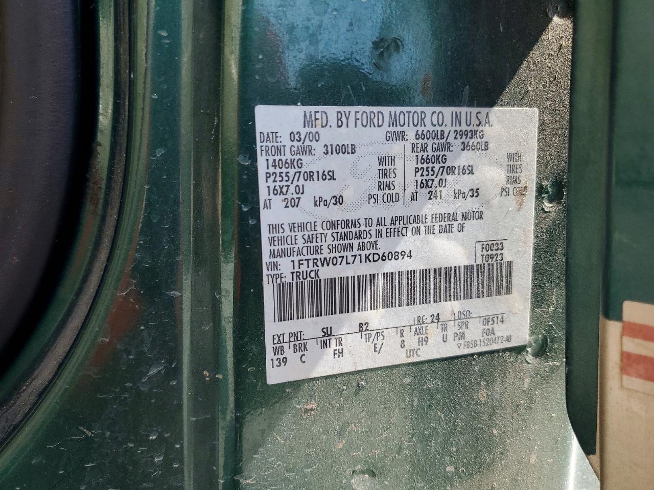2001 Ford F150 VIN 1FTRW07L71KD60894 photo 12