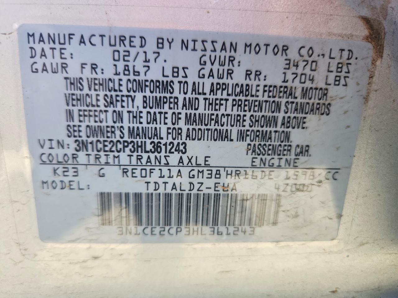 2017 NISS Versa VIN 3N1CE2CP3HL361243 photo 12
