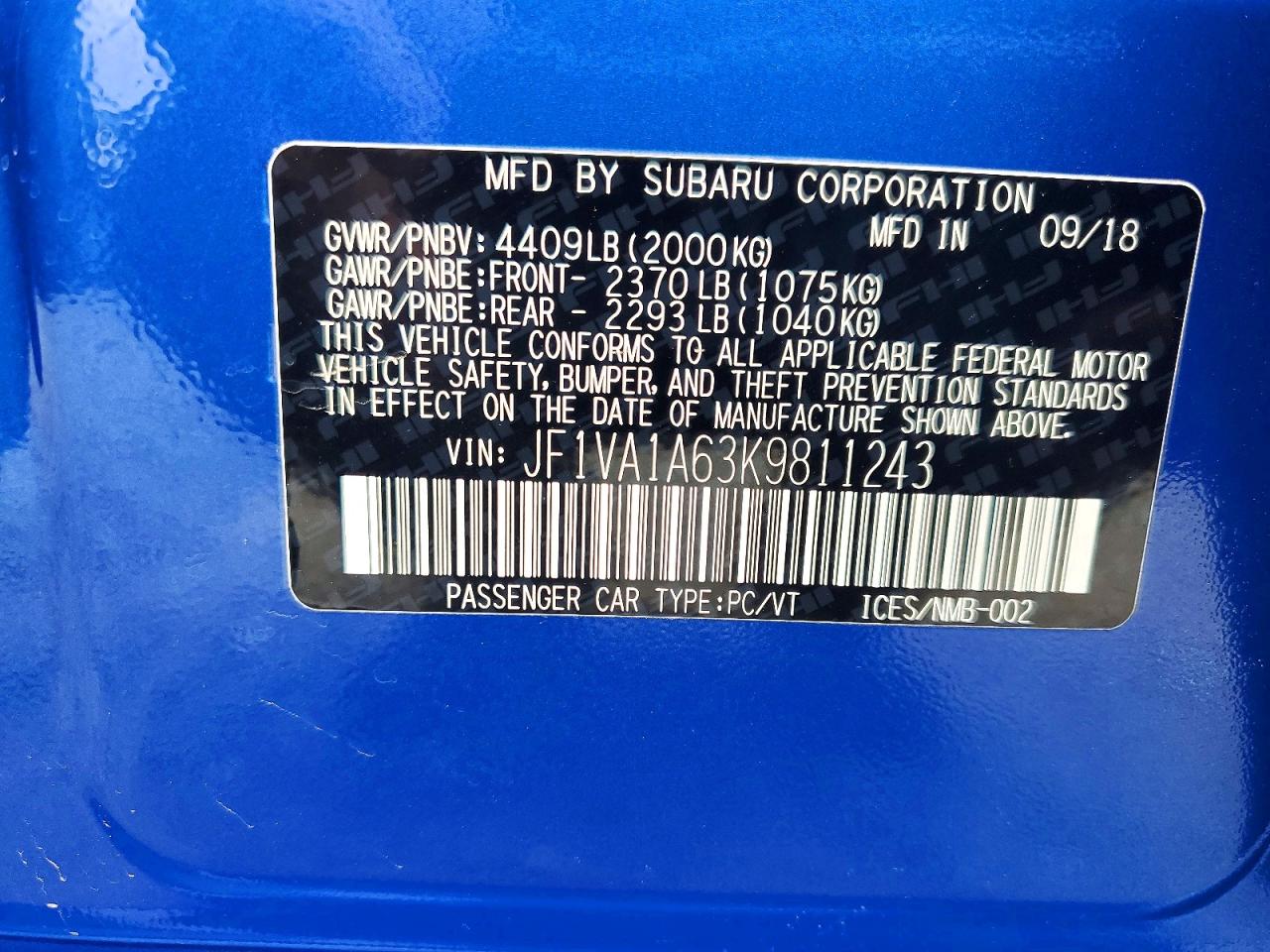 2019 SUBARU Wrx VIN JF1VA1A63K9811243 photo 12