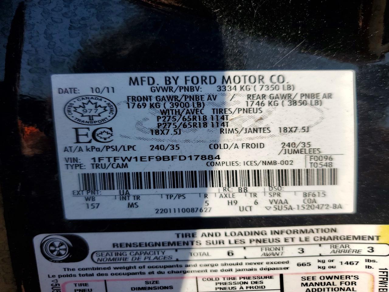 2011 FORD F150 VIN 1FTFW1EF9BFD17884 photo 12