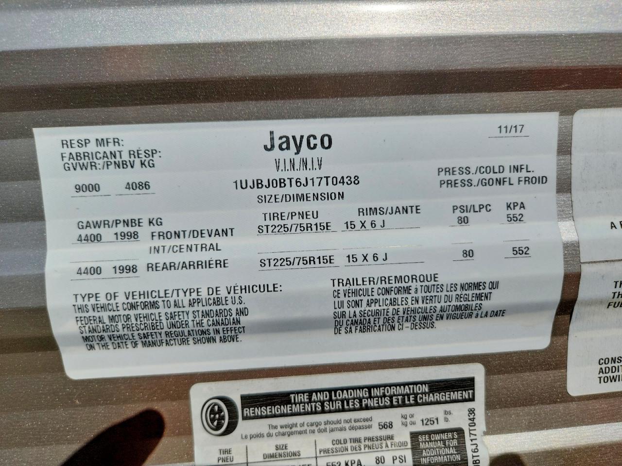 2018 JAYCO All models VIN 1UJBJ0BT6J17T0438 photo 10