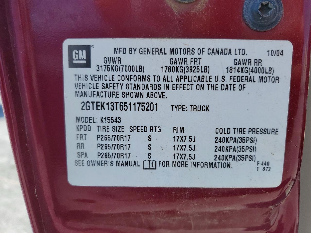 2005 GMC SIERRA VIN 2GTEK13T651175201 photo 12