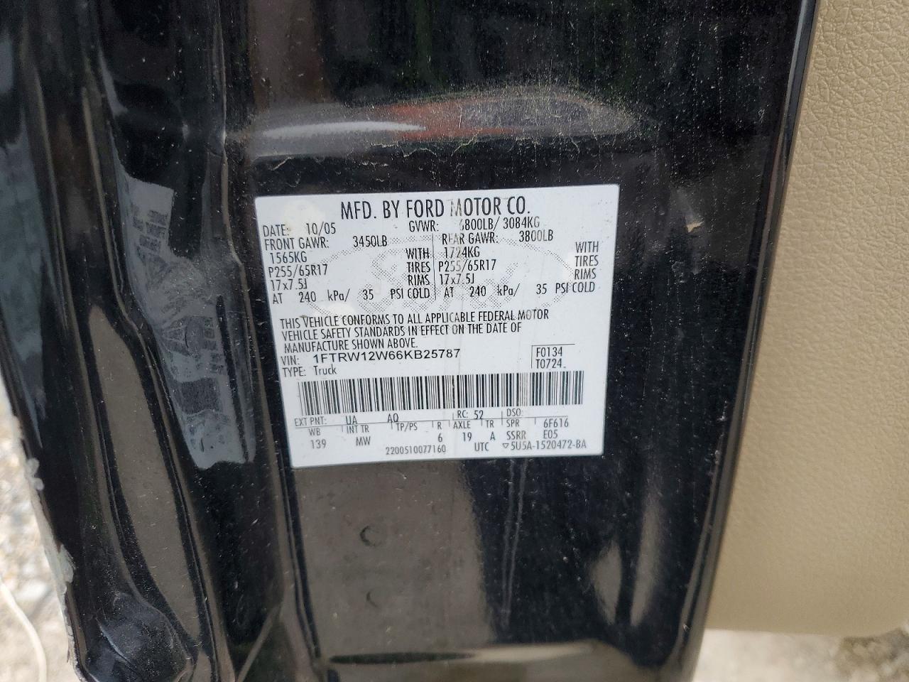 2006 Ford F150 VIN 1FTRW12W66KB25787 photo 12
