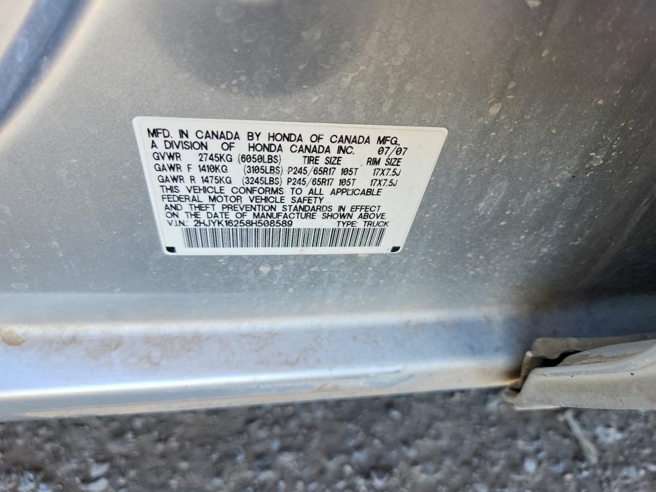 2008 HONDA Ridgeline VIN 2HJYK16258H508589 photo 12