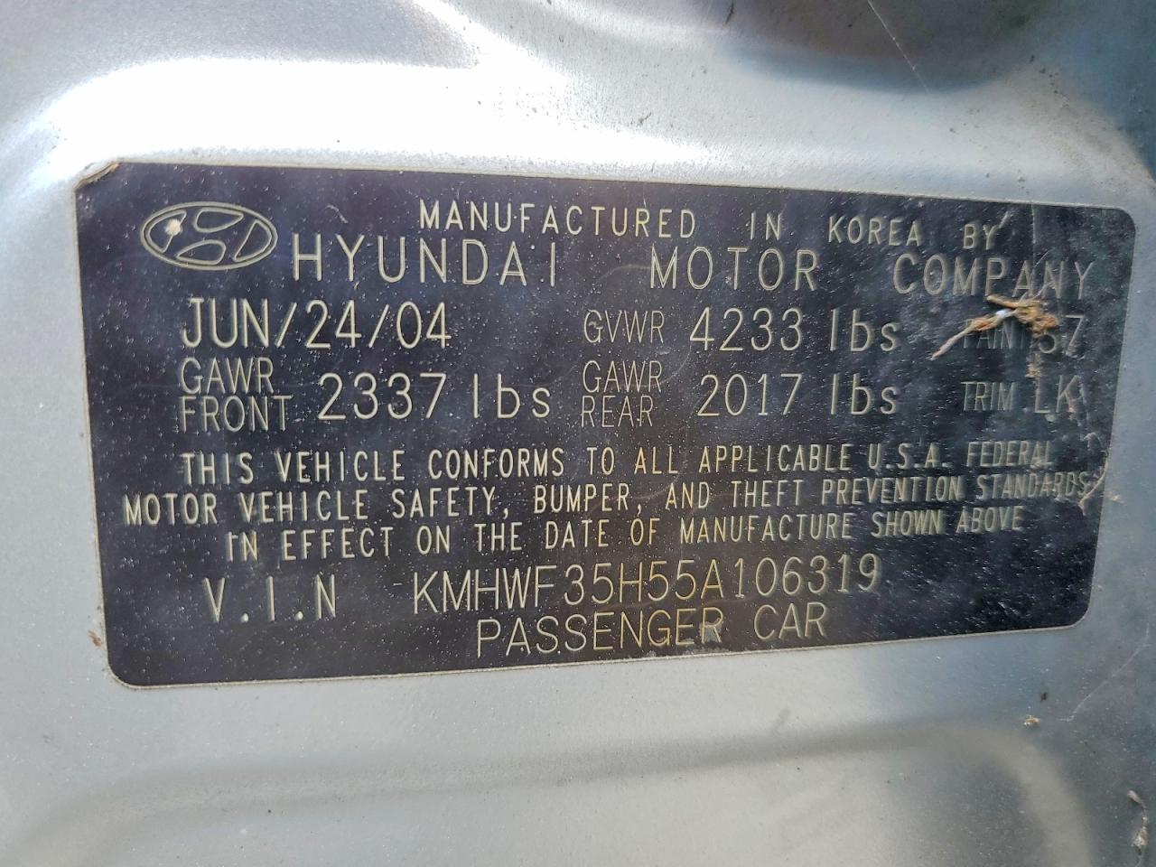 2005 Hyundai Sonata VIN KMHWF35H55A106319 photo 12