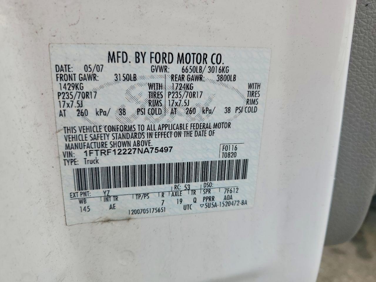 2007 Ford F150 VIN 1FTRF12227NA75497 photo 12