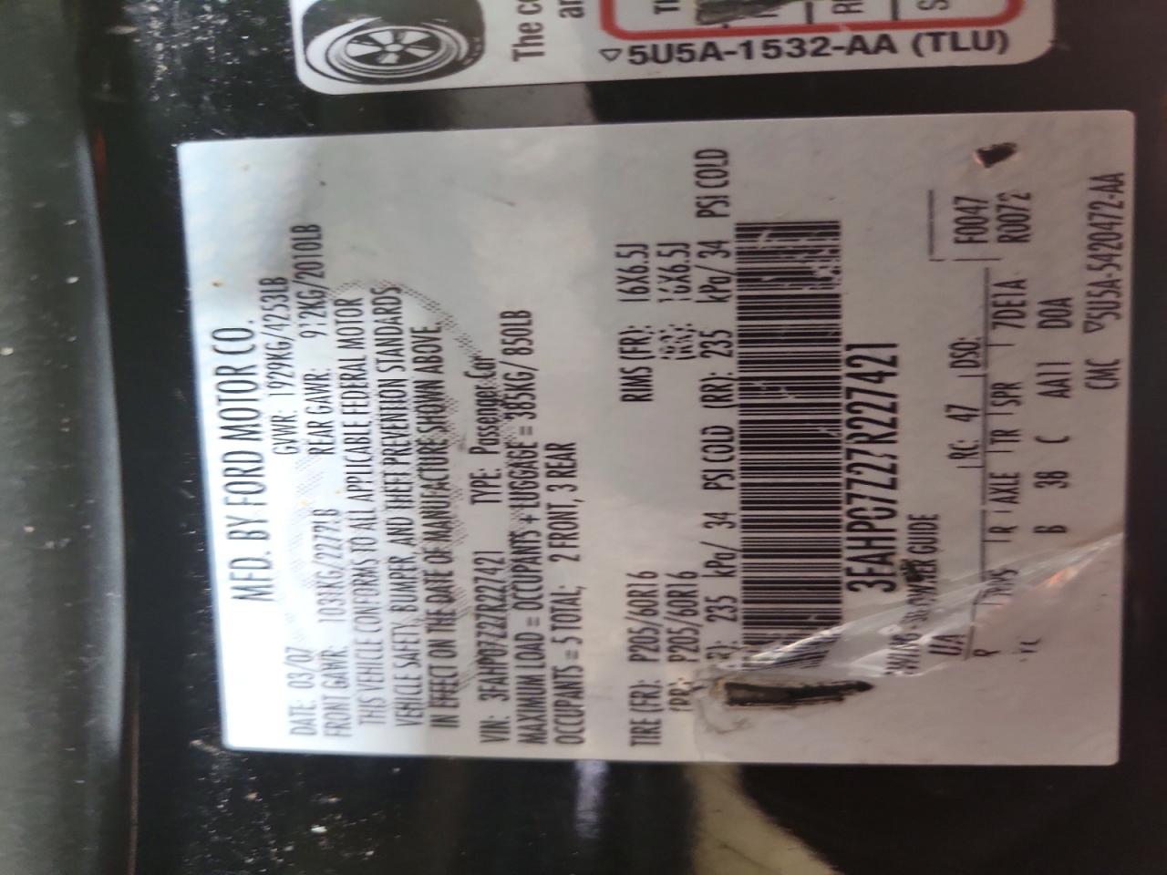 2007 FORD Fusion VIN 3FAHP07Z27R227421 photo 12