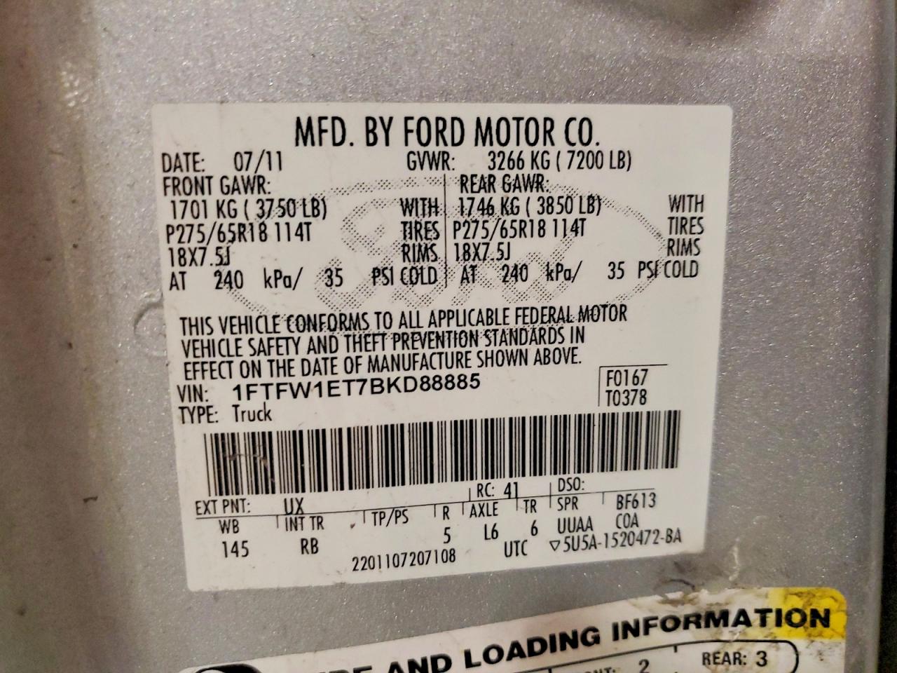 2011 Ford F150 VIN 1FTFW1ET7BKD88885 photo 12