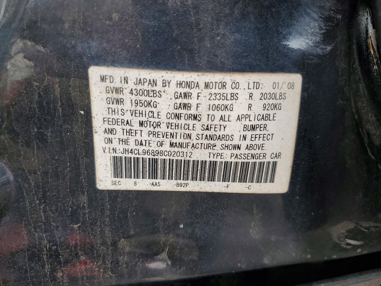 2008 Acura Tsx VIN JH4CL96898C020312 photo 12