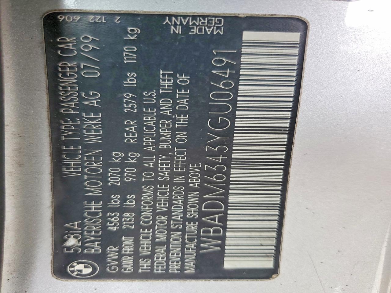 2000 BMW 5 series VIN WBADM6343YGU06491 photo 12