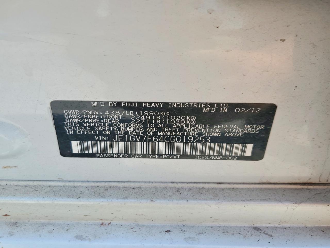 2012 Wrx VIN JF1GV7F64CG019253 photo 12