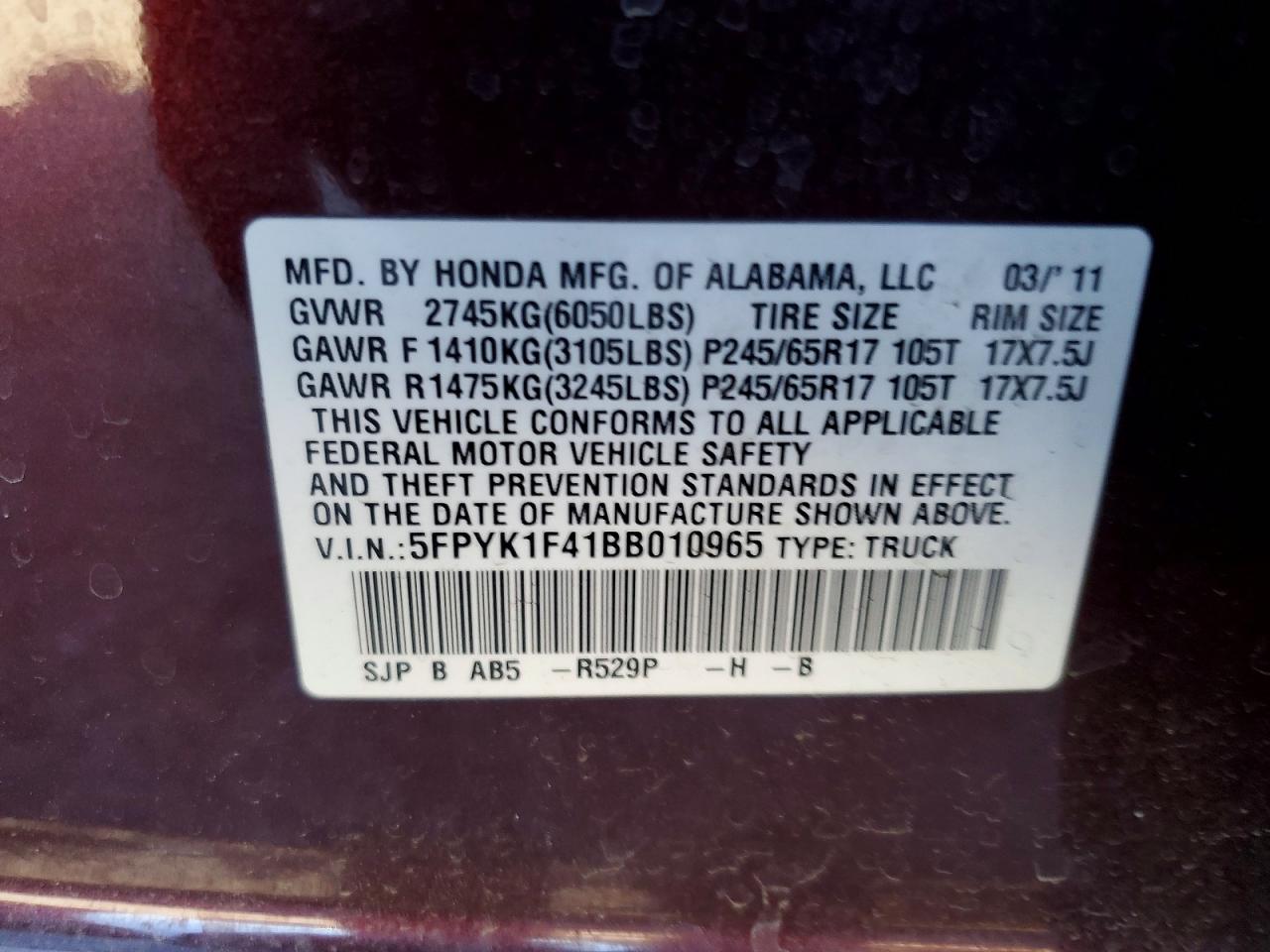 2011 Honda Ridgeline VIN 5FPYK1F41BB010965 photo 12