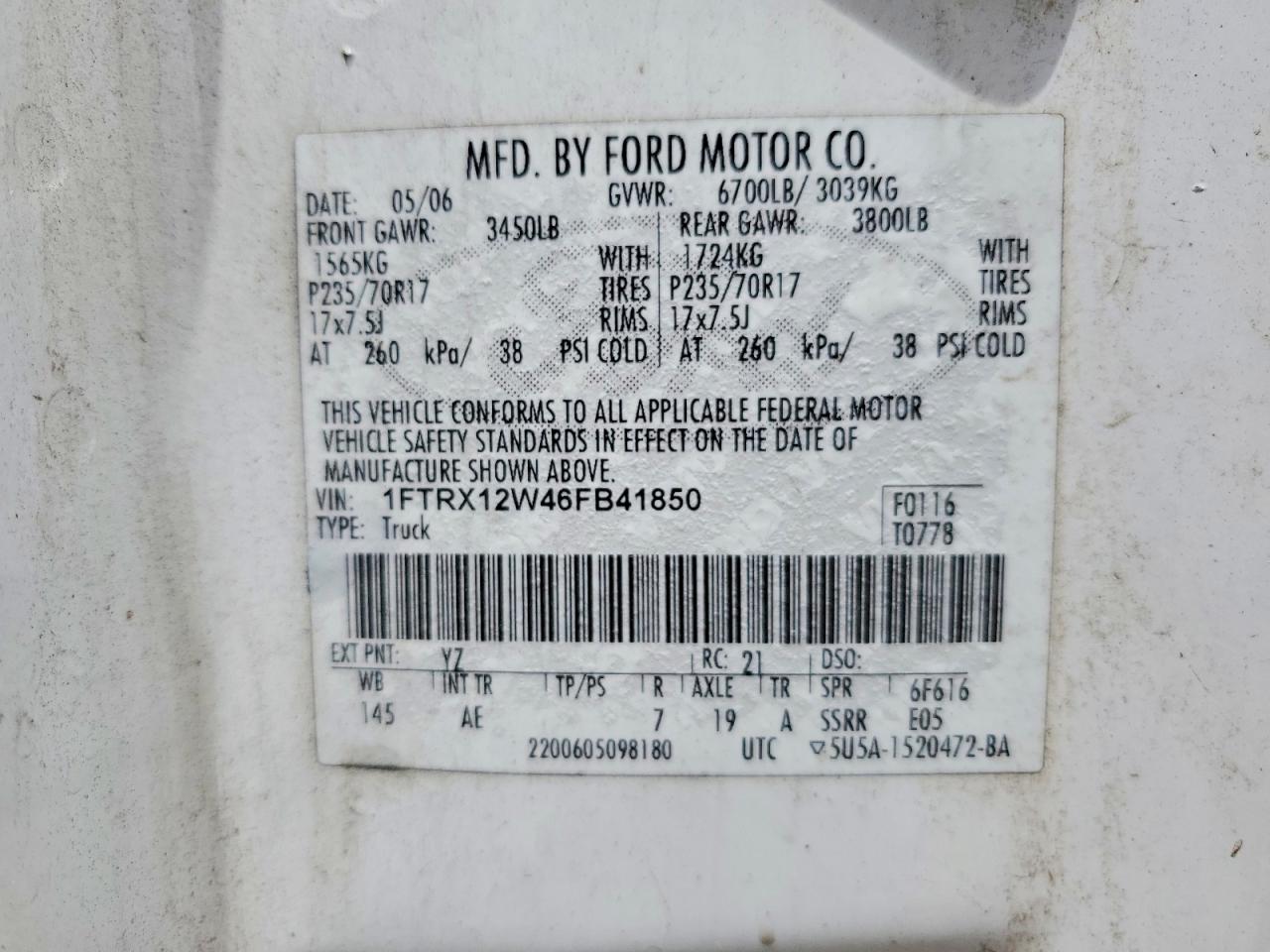 2006 Ford F150 VIN 1FTRX12W46FB41850 photo 12