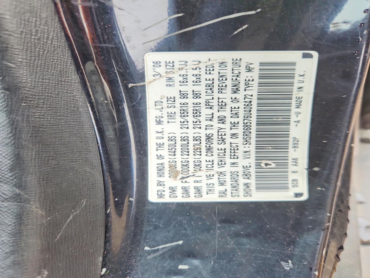 2006 Honda Crv VIN SHSRD68576U406472 photo 12