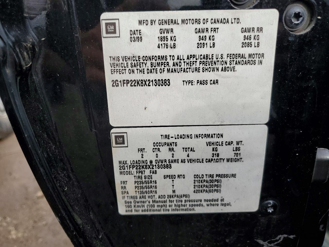 1999 CHEV Camaro VIN 2G1FP22K8X2130383 photo 12