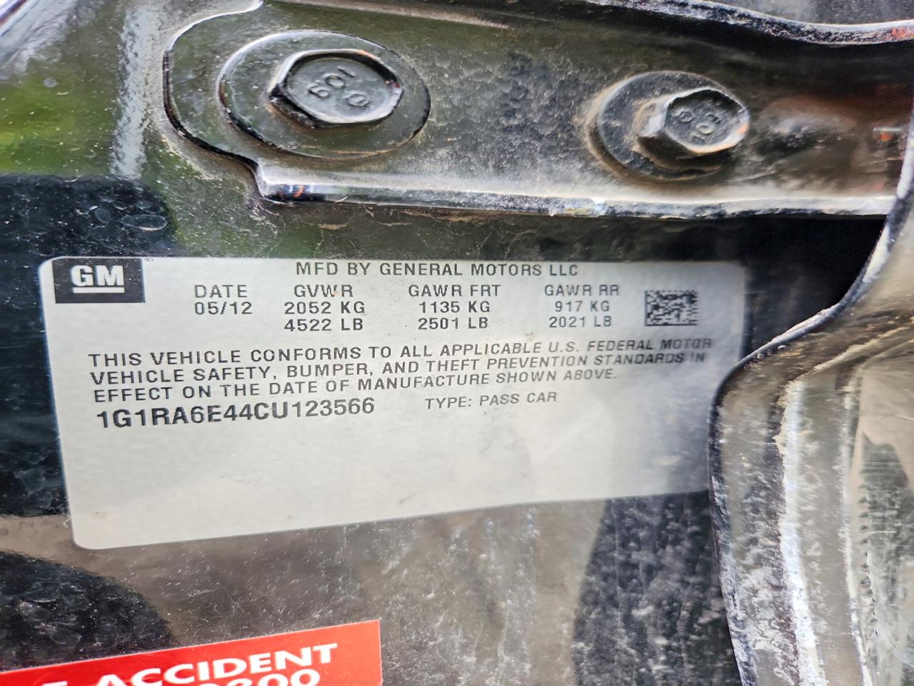 2012 CHEV Volt VIN 1G1RA6E44CU123566 photo 12