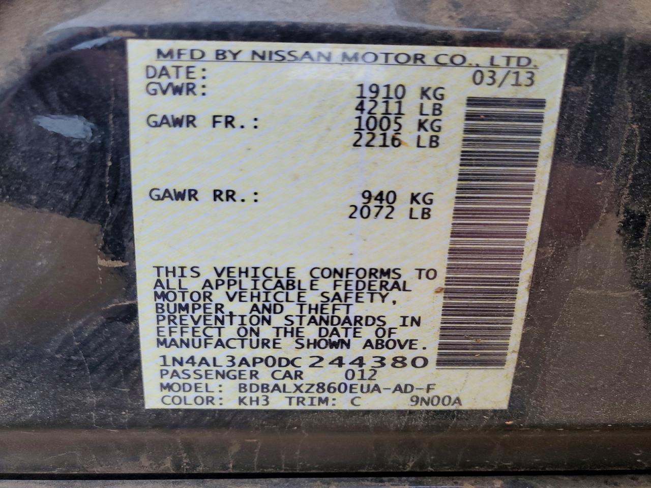 2013 Nissan Altima VIN 1N4AL3AP0DC244380 photo 12