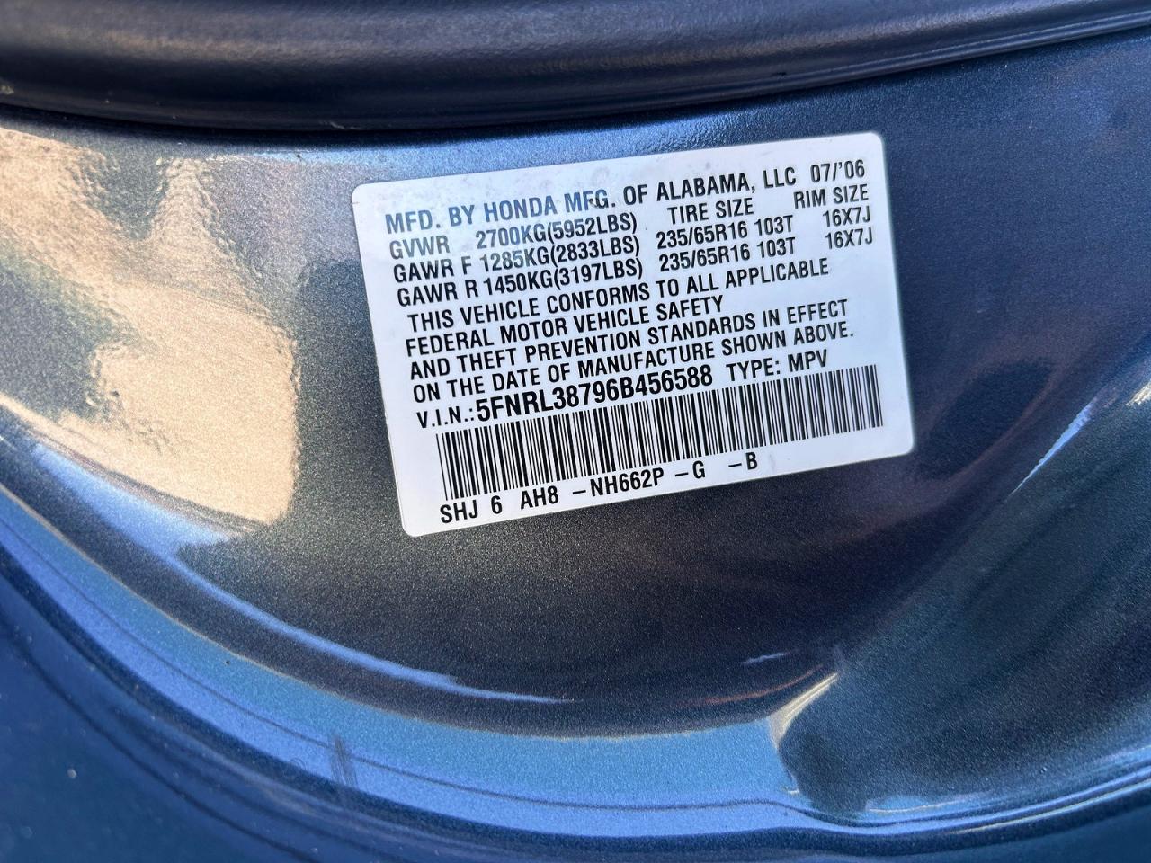 2006 HONDA All models VIN 5FNRL38796B456588 photo 10