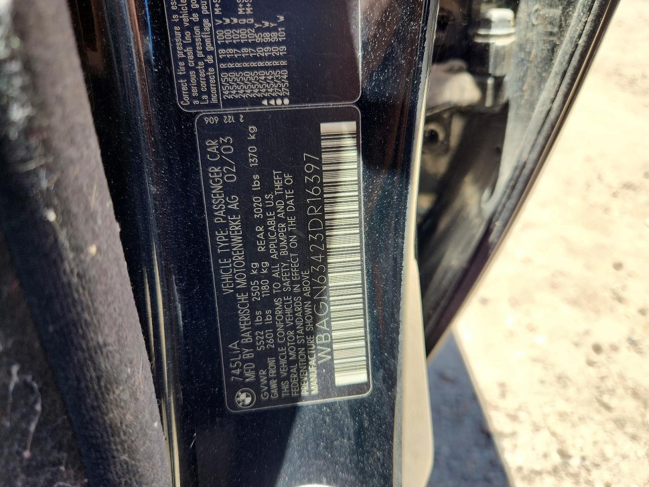 2003 BMW 7 series VIN WBAGN63423DR16397 photo 12