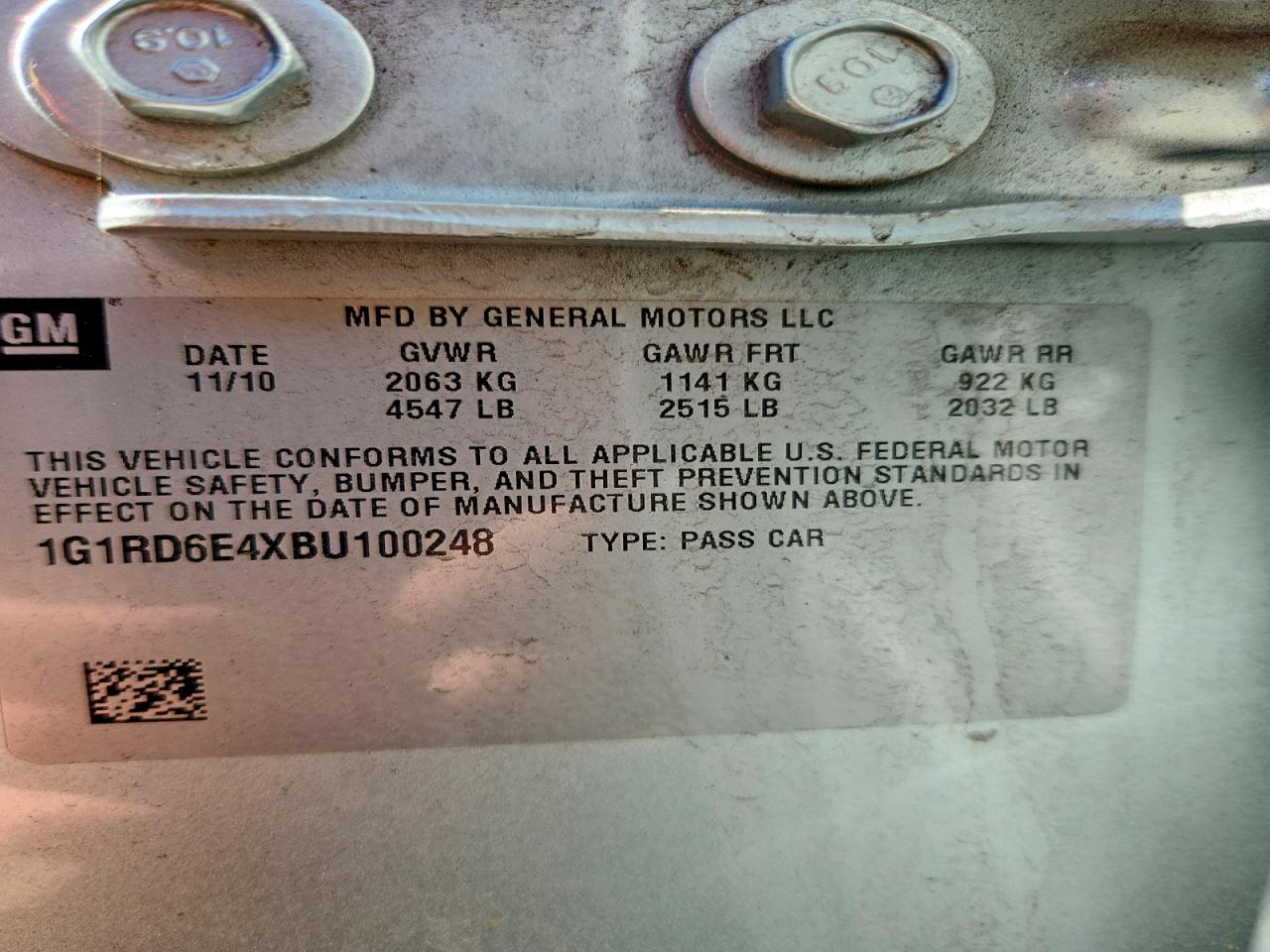 2011 Chev Volt VIN 1G1RD6E4XBU100248 photo 12