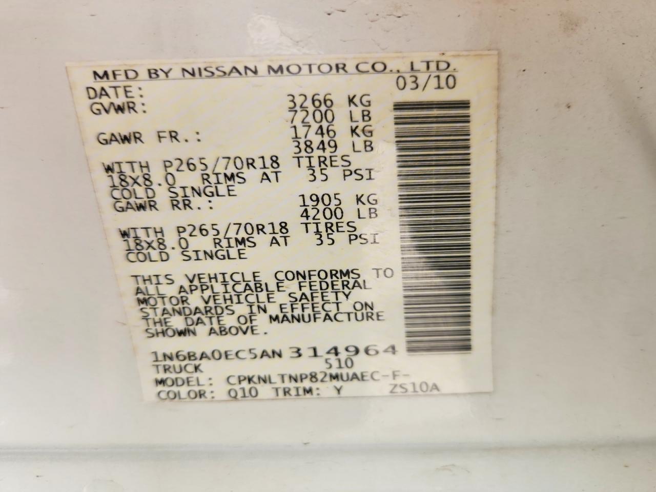 2010 Nissan TITAN VIN 1N6BA0EC5AN314964 photo 12
